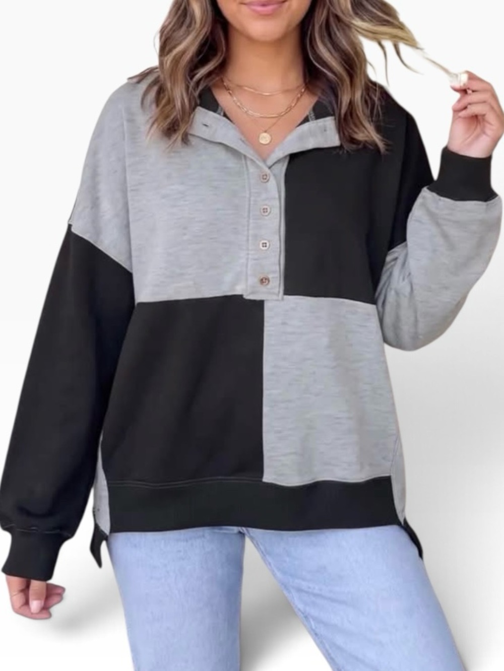Jess Lea Terry Knit Black and Gray Color Block top. Size Large